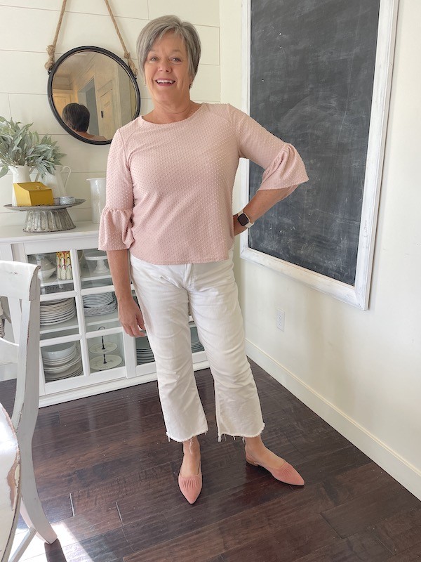 Chic over 50: White Jeans and Soft Pink Outfit