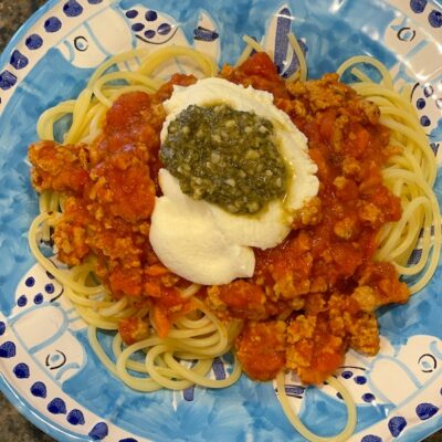 Chitarra pasta with marinara, ricotta and pesto