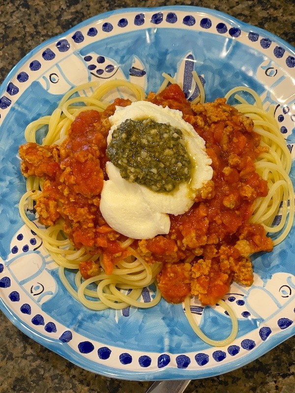 Chitarra pasta with marinara, ricotta and pesto