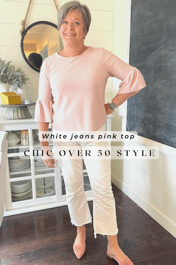 Chic over 50 style: White Jeans and Soft Pink Outfit