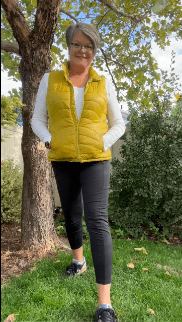 Fall fashion, fleece leggings, athleisure, running shoes, leggings, puffer  vest, quilted vest, StylinbyA…