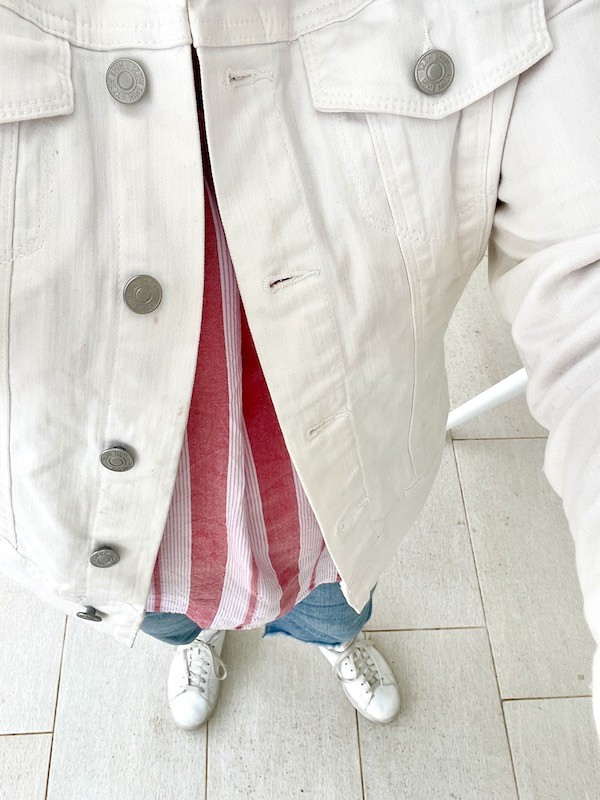 White Jean Jacket outfit, Striped Top, and Cropped Jeans!