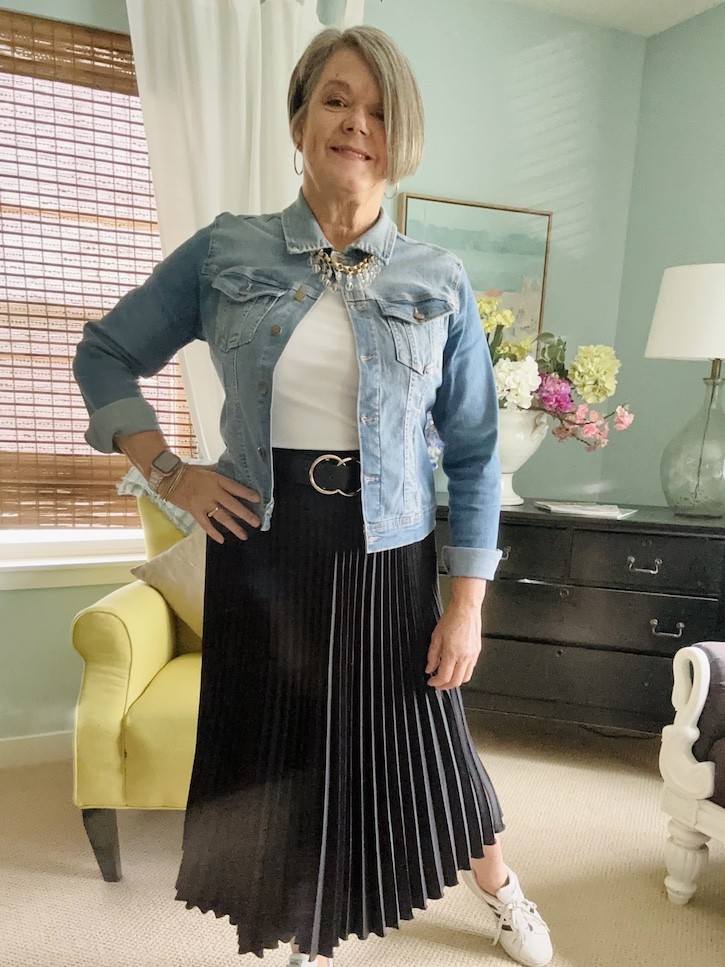 Pleated skirt and denim jacket best sale