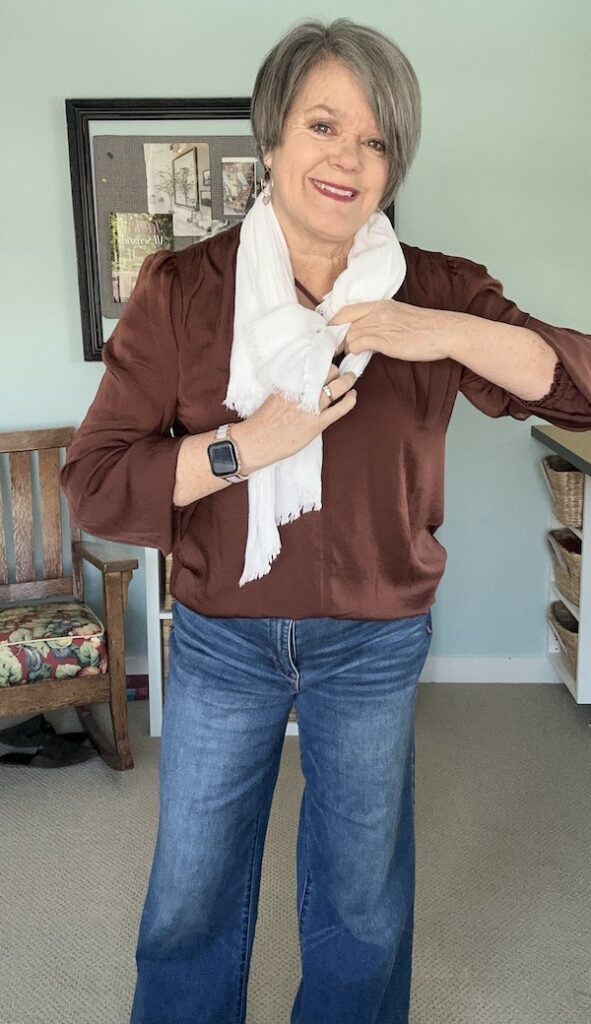 Fashion advice- French tuck blouse works for short waisted women add a scarf to elongate the torso