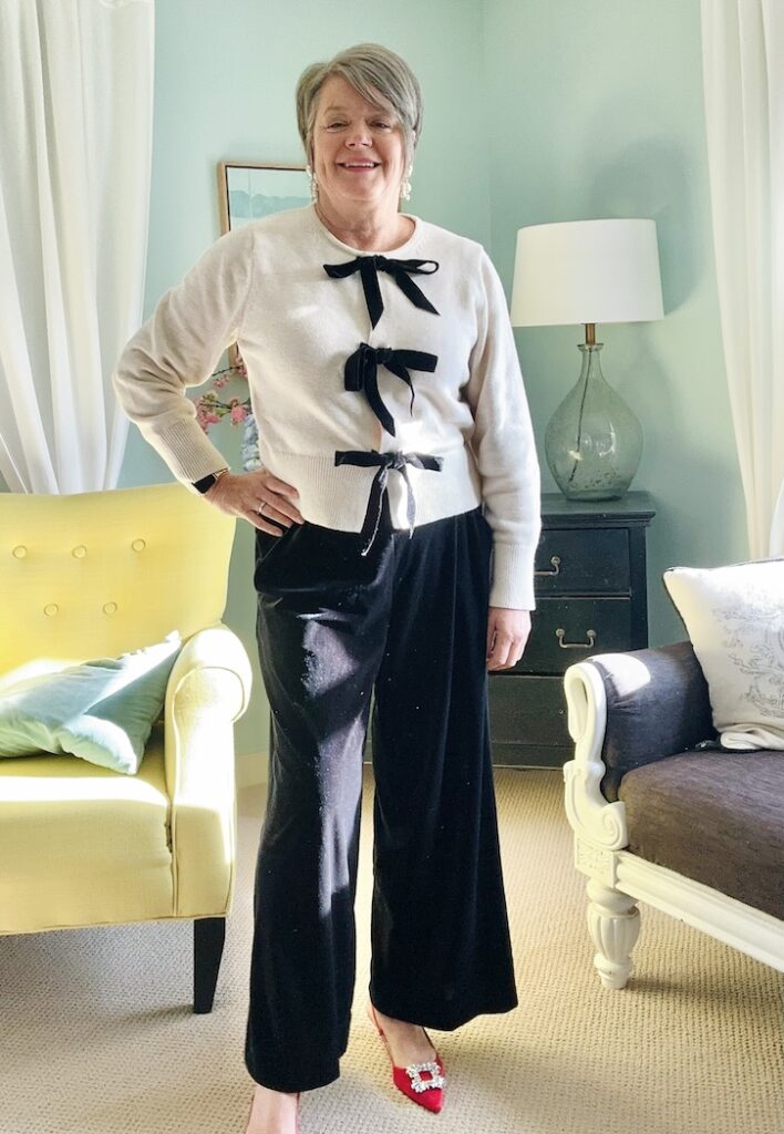 How to Style a Cream Bow Sweater 4 Ways for the Holidays