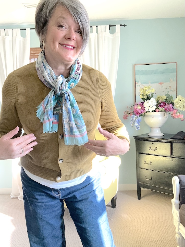 jeans and white t-shirt outfit styled with cardigan