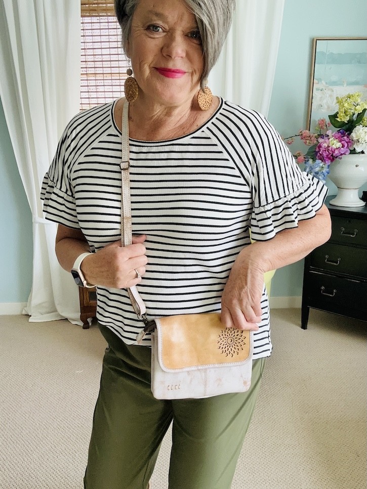 green golf pants outfit with striped t shirt