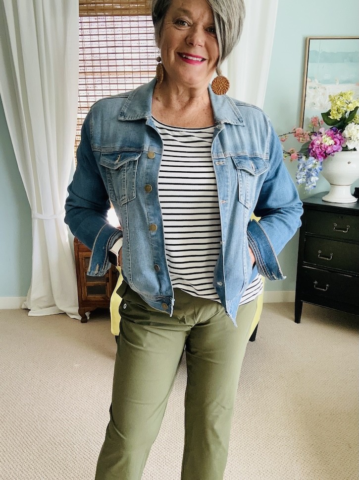 green pants denim jacket outfit women over 50