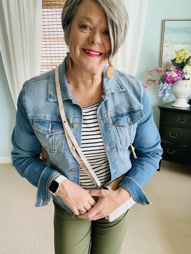green pants denim jacket outfit women over 50