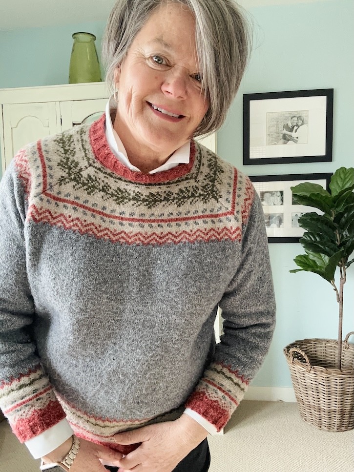 Easy layered outfit for cooler days after 50 with Fair Isle sweater and black cropped pants