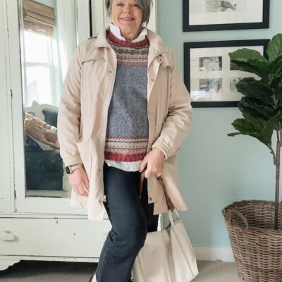 Easy layered outfit for cooler days after 50 with Fair Isle sweater and black cropped pants