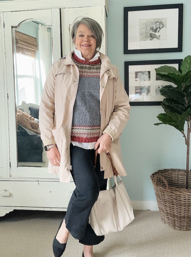 Easy layered outfit for cooler days after 50 with Fair Isle sweater and black cropped pants