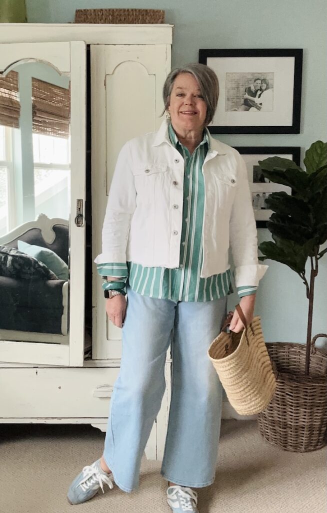striped blouse outfit styled with jeans and sneakers
