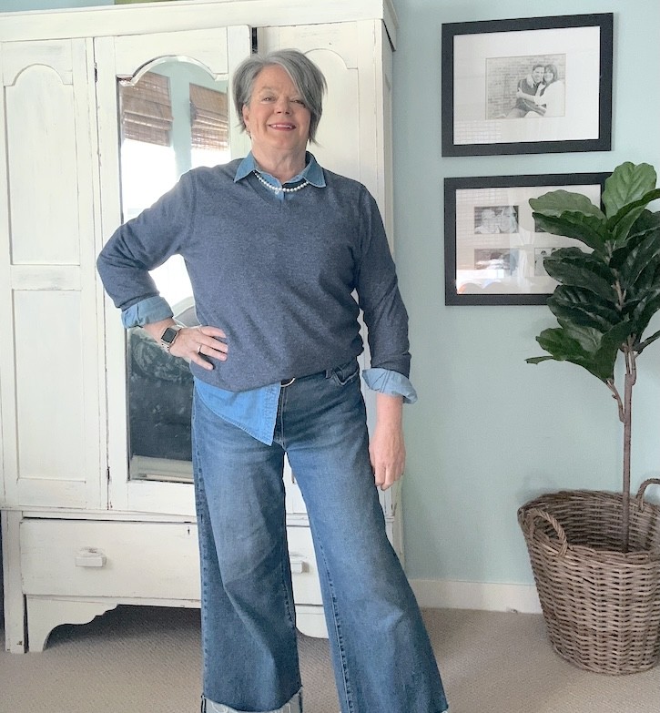 casual outfit for women over 50 with denim shirt