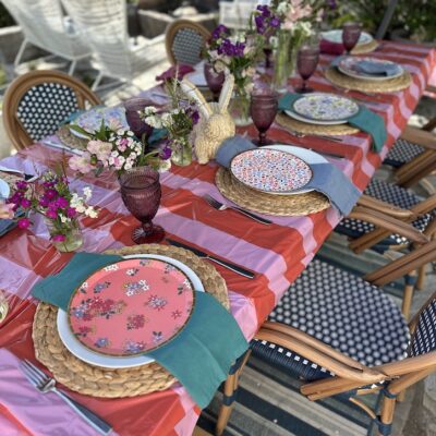 Bright and colorful outdoor Easter tablescape