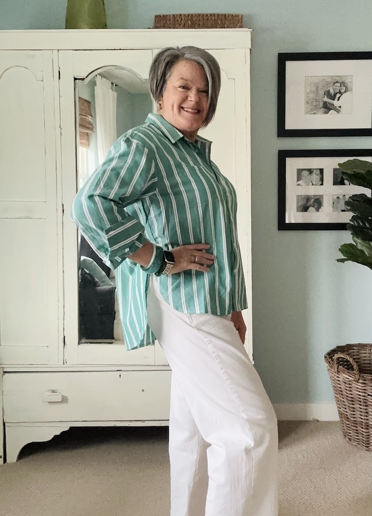 oversized striped blouse with curved hem front shorter back longer