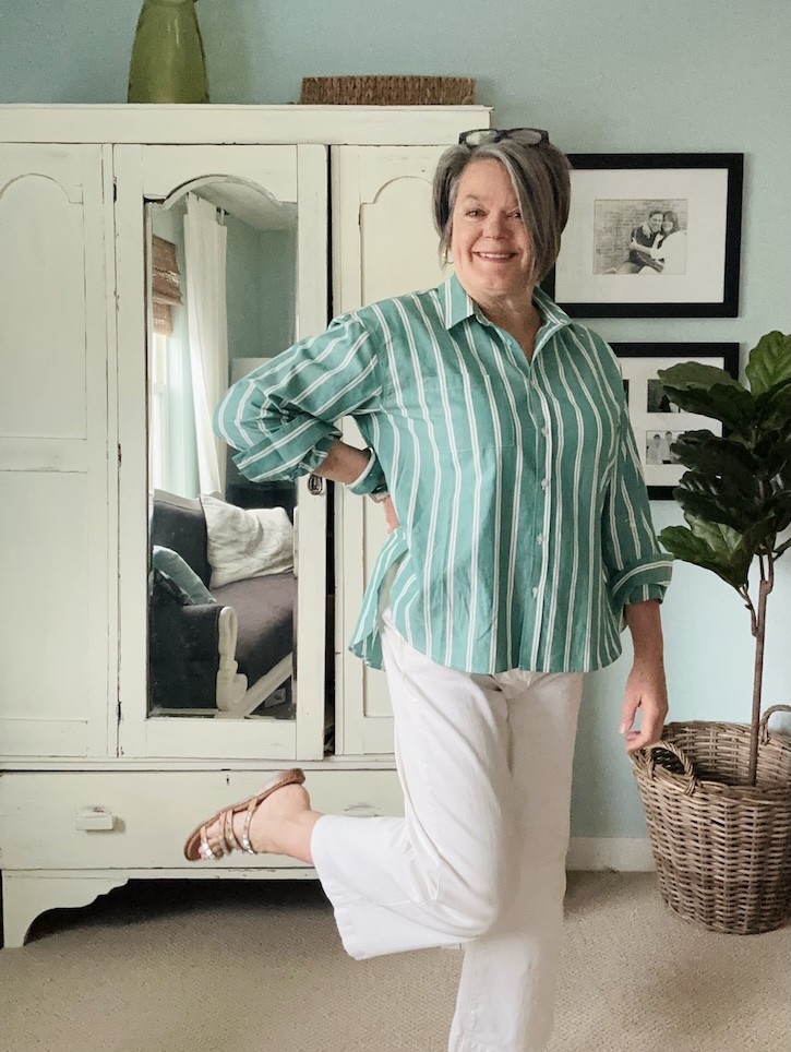 easy casual outfit with striped blouse for women over 50