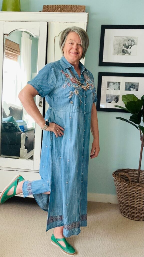 embroidered denim dress outfit with side pockets and relaxed fit