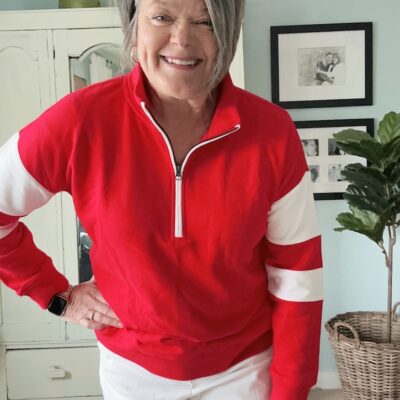 soft terry quarter zip sweatshirt in red and white with relaxed fit