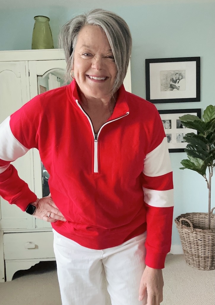 soft terry quarter zip sweatshirt in red and white with relaxed fit