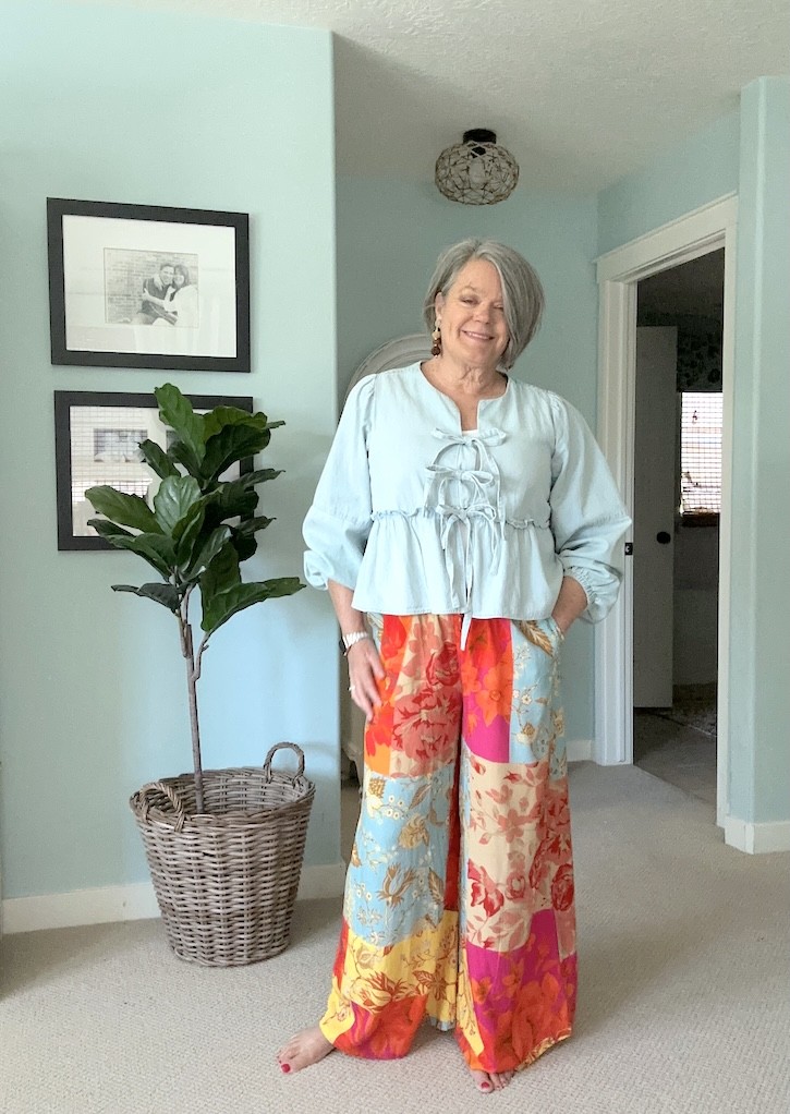 bright patchwork palazzo pants outfit for women over 50