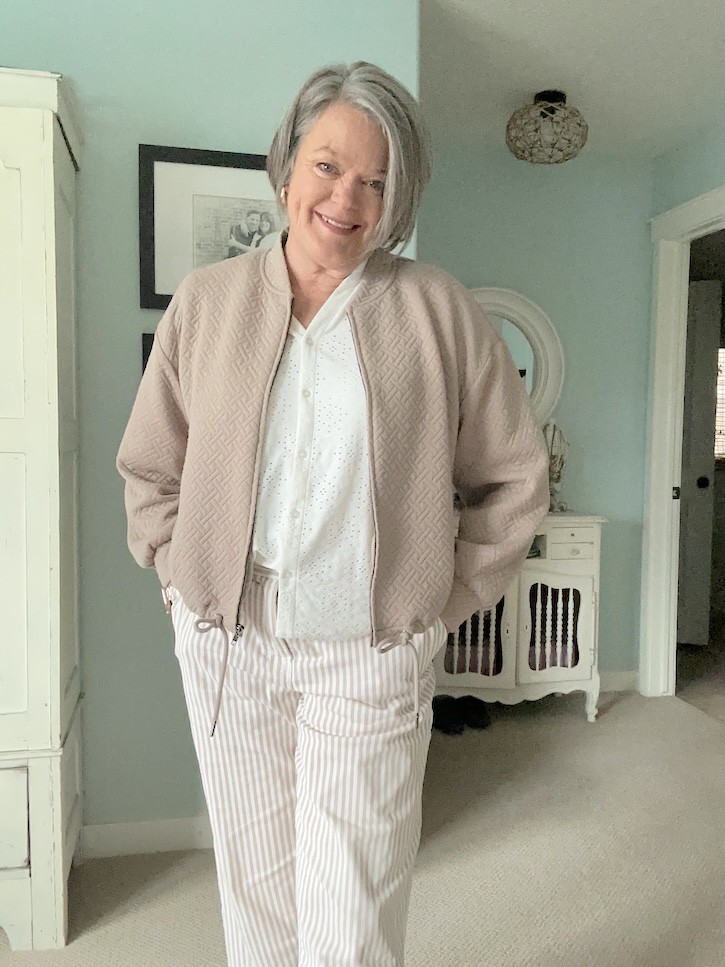 neutral spring style outfit for women over 50 