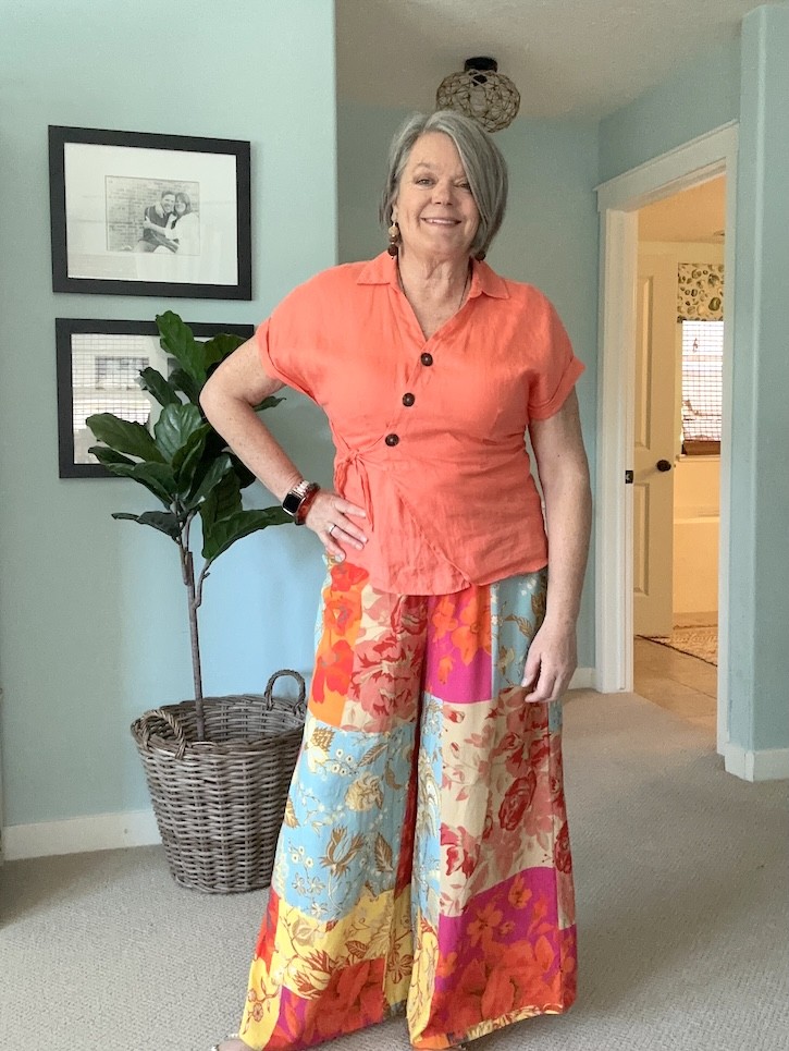 bright patchwork palazzo pants outfit for women over 50