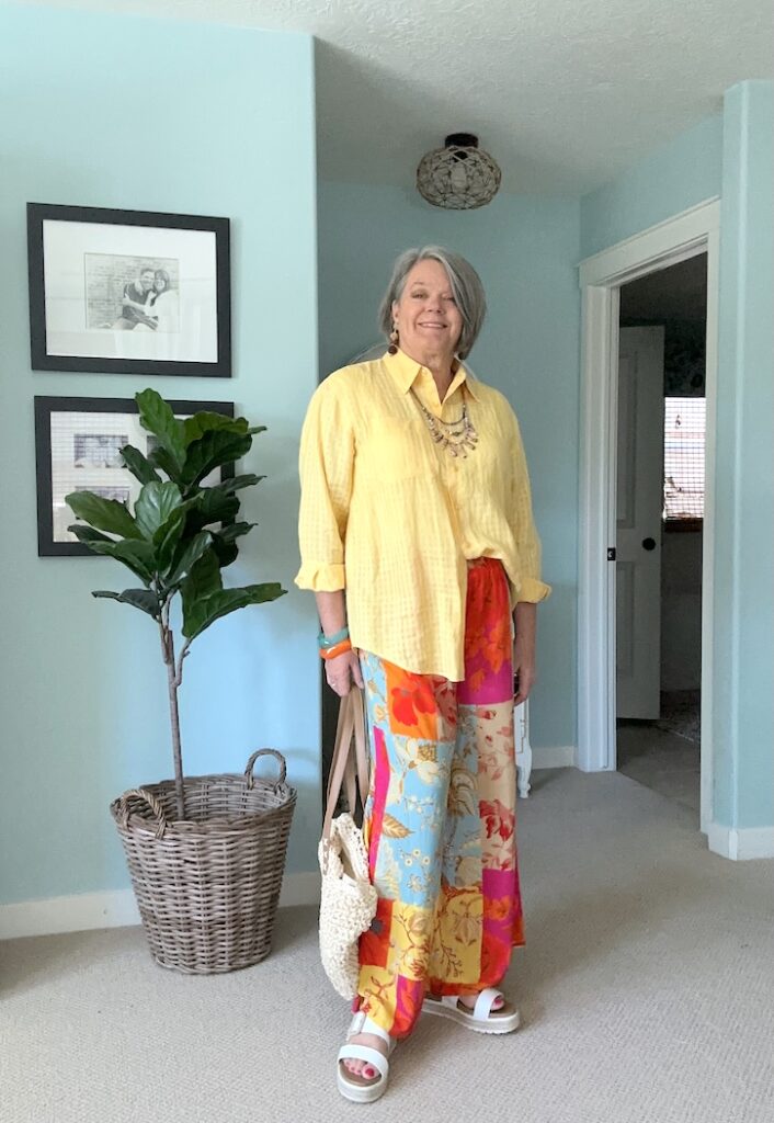 bright patchwork palazzo pants outfit for women over 50
