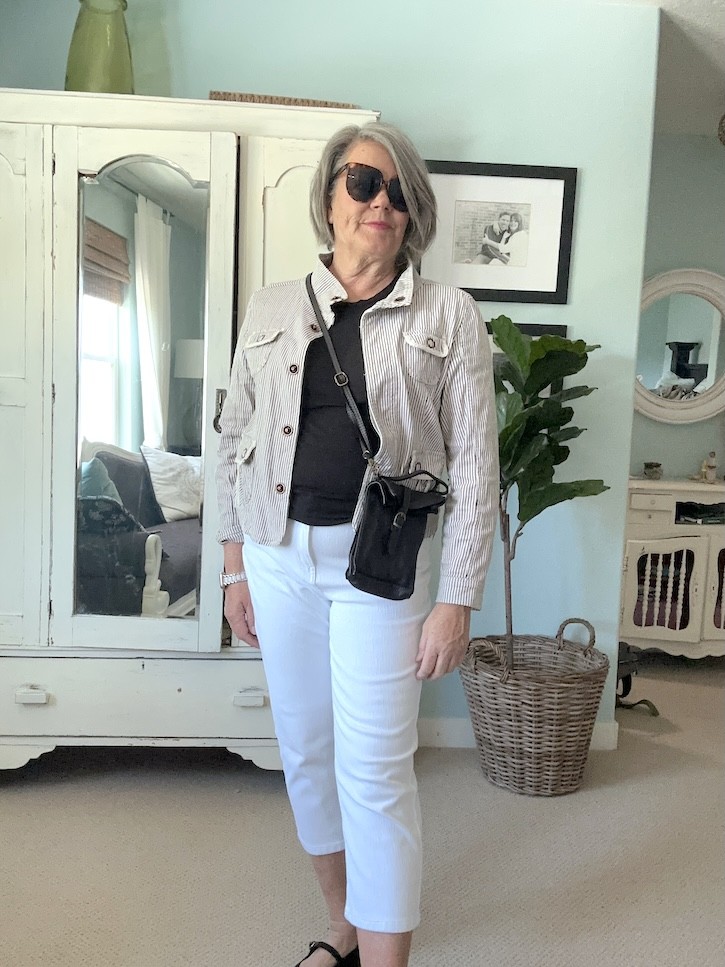 Comfortable stretch denim white capri pants from Coldwater Creek styled four different ways for summer travel and everyday wear.