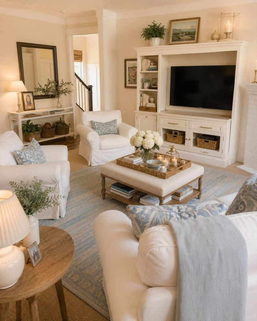 Nancy Meyers aesthetic Coastal Grandmother look blue and white