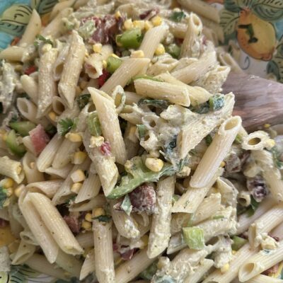 Creamy Pesto Pasta Salad with Sweet Corn & Bacon