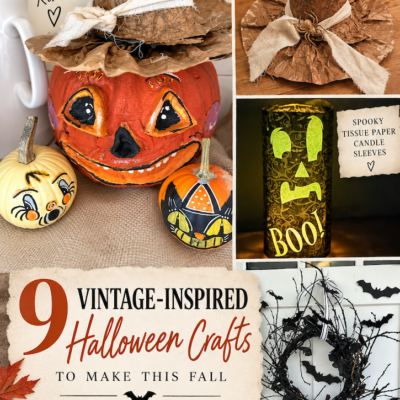 There is just something about vintage Halloween decorations that makes me smile. The funny pumpkin faces, handmade witch hats, black bats and slightly imperfect details remind me of Halloween decorations from years ago. And you know me—I especially love Halloween decor when I can make it myself!