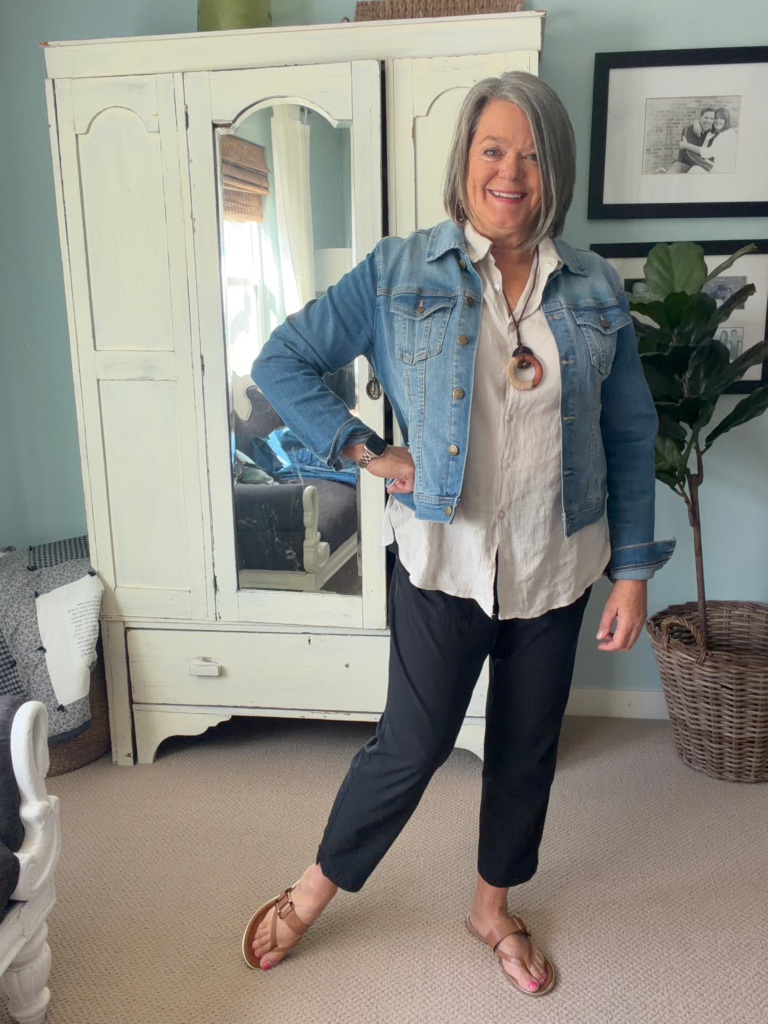 on shirt 3 ways black pants and denim jacket
