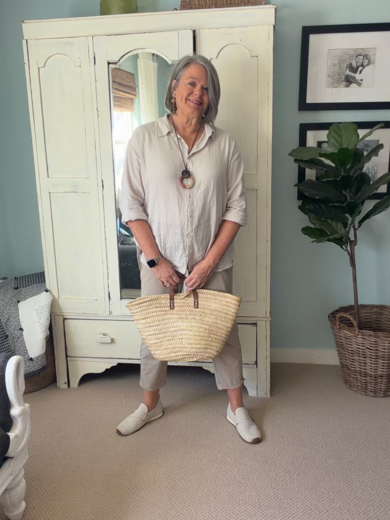 one shirt 3 ways linen blouse over tan golf pants
