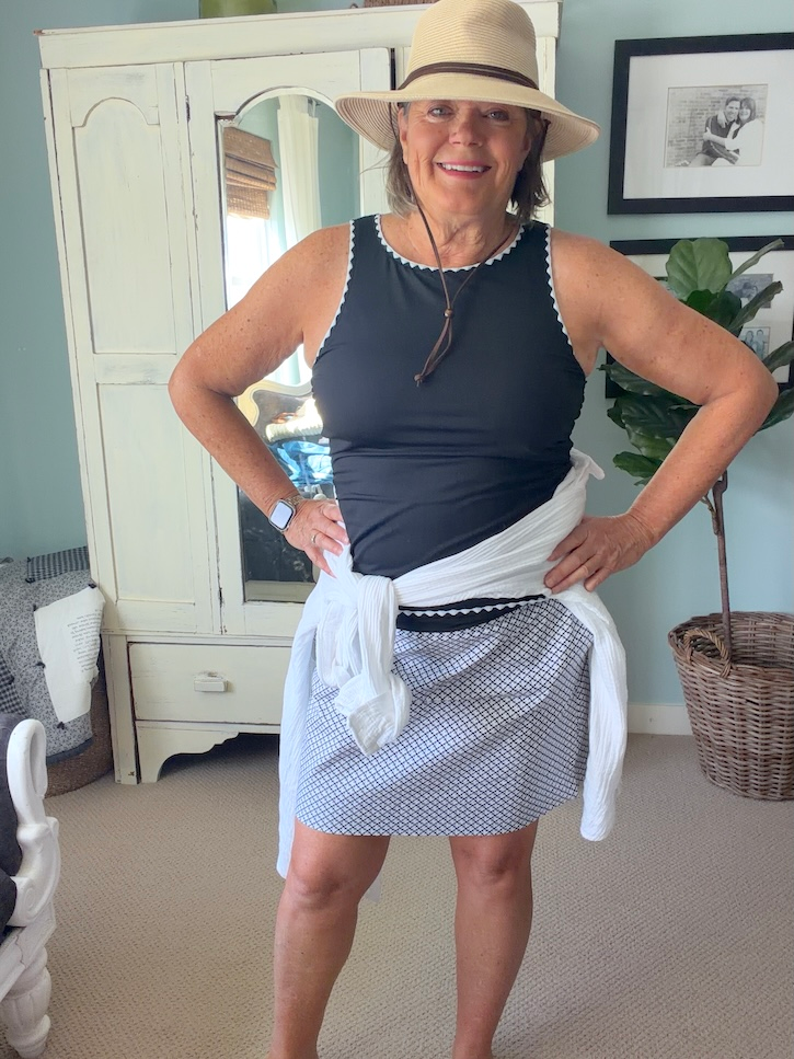 Black tankini and golf skirt -up for an Italy beach day