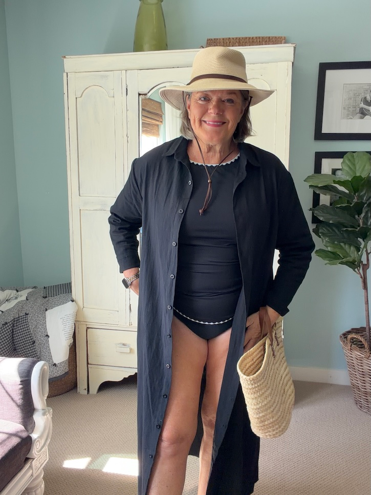 Black tankini with black shirt dress over the top women over 50 style
