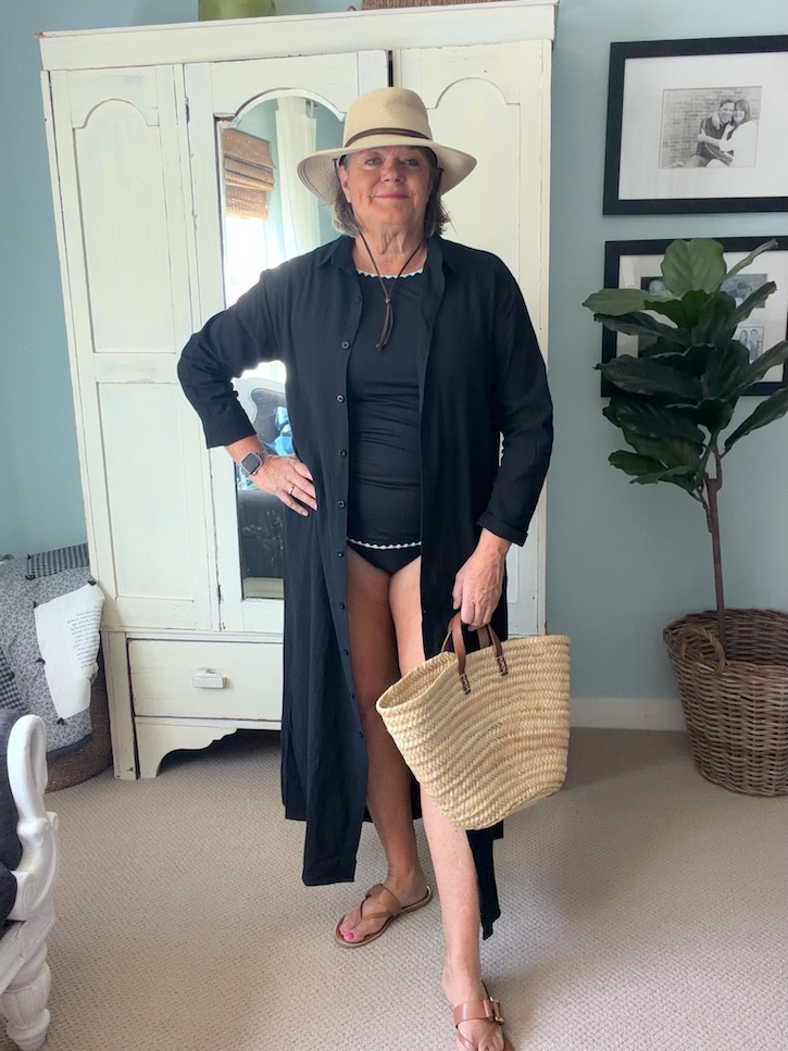 Black tankini and shirt dress cover-up for an Italy beach day woman over 50