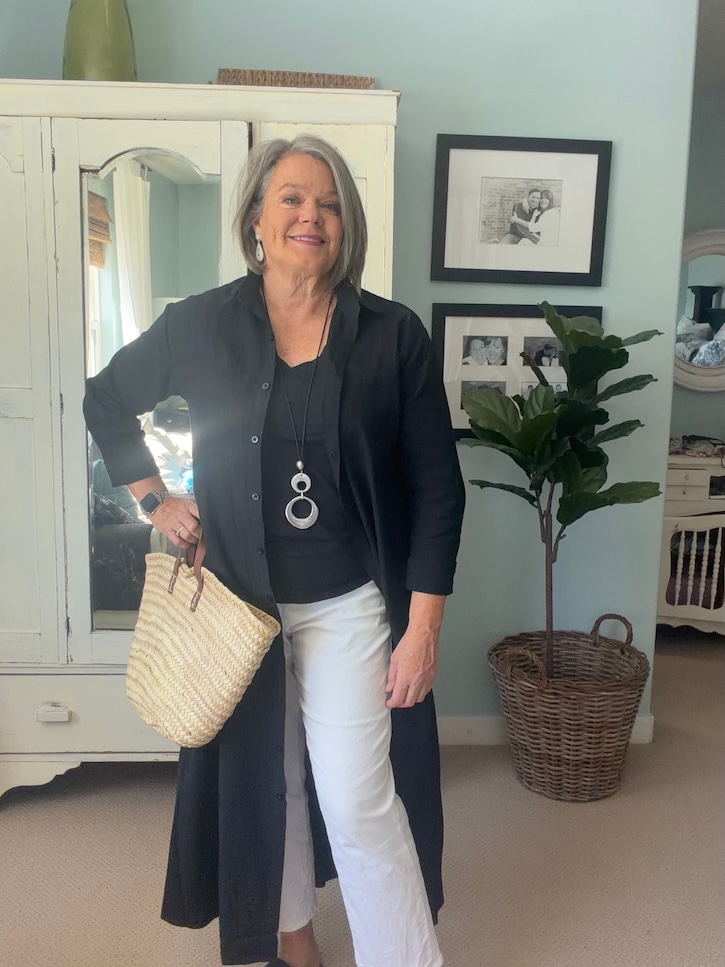 Amazon black shirt dress styled as a long layer with white cropped pants